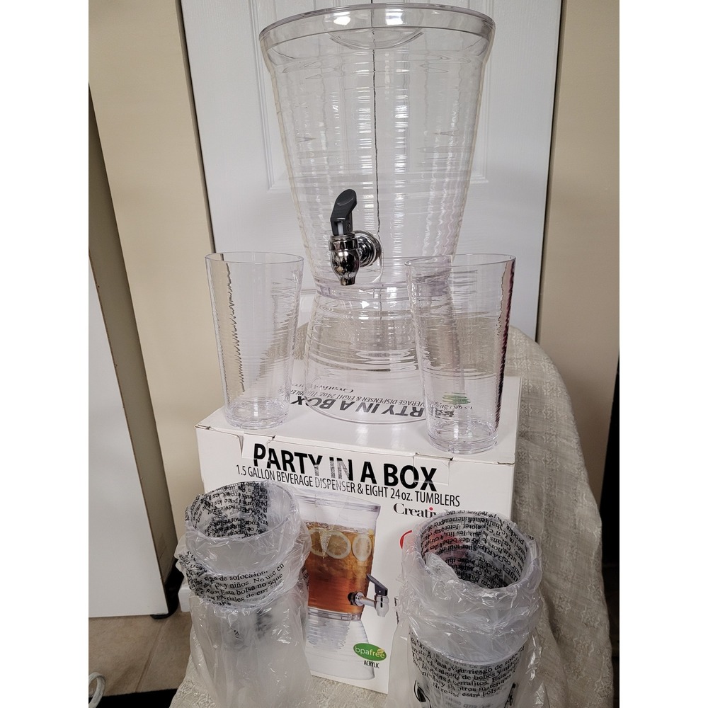 CreativeWare Party In A Box 1.5 Gallon Beverage‎ Dispenser 8-24oz Tumblers NEW - Picture 2 of 4